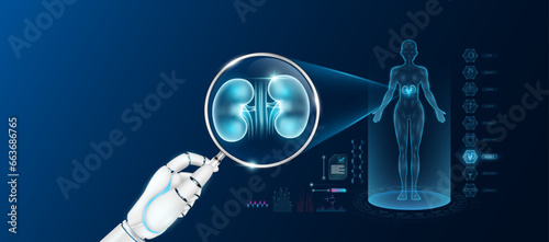 Doctor robot hand holding magnifying glass looking kidney analysis and anatomy hologram of the female body. Diagnosis with AI artificial intelligence technology. Innovative medical healthcare. Vector