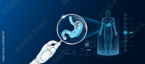 Doctor robot hand holding magnifying glass looking stomach analysis diagnosis with AI artificial intelligence technology. Anatomy hologram of the male body. Innovative medical healthcare. Vector.