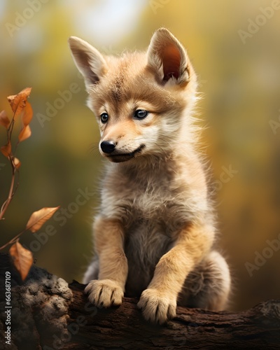 Close up portrait of a cute baby coyote pup photo
