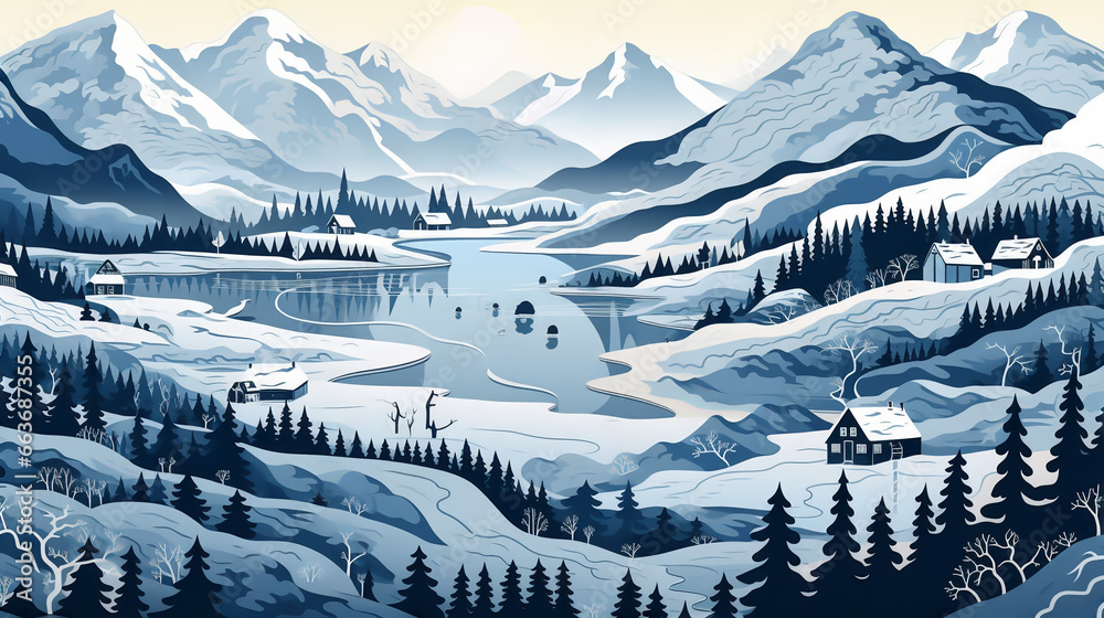 Snow-Capped Villages and Mountain Farms in Highly Detailed Vector ...