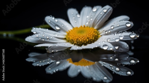 A white daisy flower close-up on a mirror surface with water drops wallpaper background