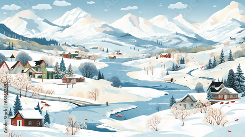 Snow-Capped Villages and Mountain Farms in Highly Detailed Vector Patterns