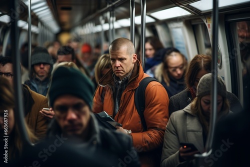 A big crowd of people in the subway metro in rush hour on their way home driving with trains