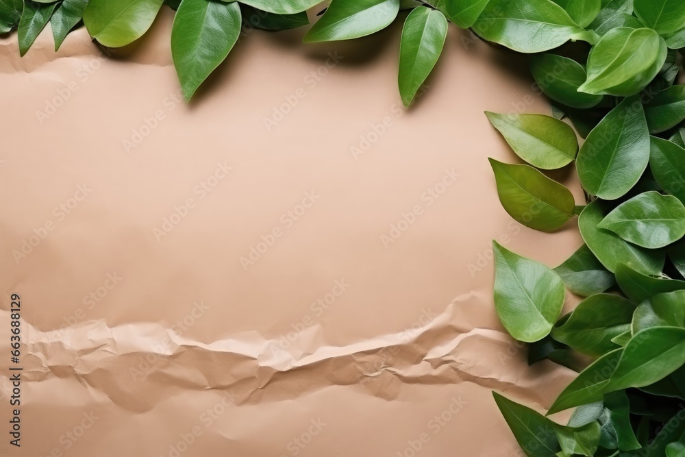 Fototapeta premium Green leaves and crumpled paper on carton top view