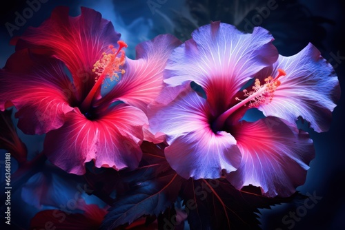 Beautiful hibiscus flower illustration. Blue and red color palette. Made with Generative AI photo