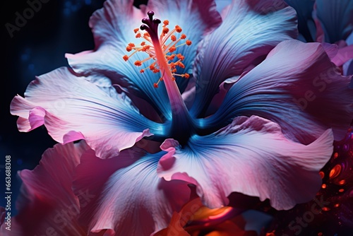 Beautiful hibiscus flower illustration. Blue and red color palette. Made with Generative AI photo