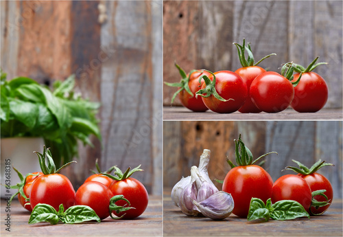 Collage mix set of Fresh tomatoes with leaf basil at old wooden board in rustic style. Vegetable still life harvest.