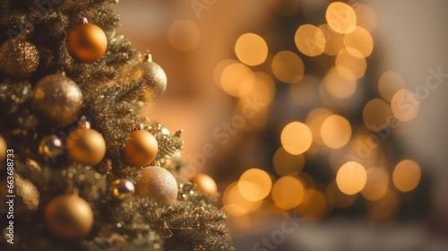 Christmas tree in white frost decorated golden color theme with blurred bokeh background © SaraY Studio 