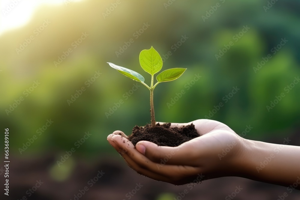 hand holding young plant on blur green background hand holding young plant on blur green background