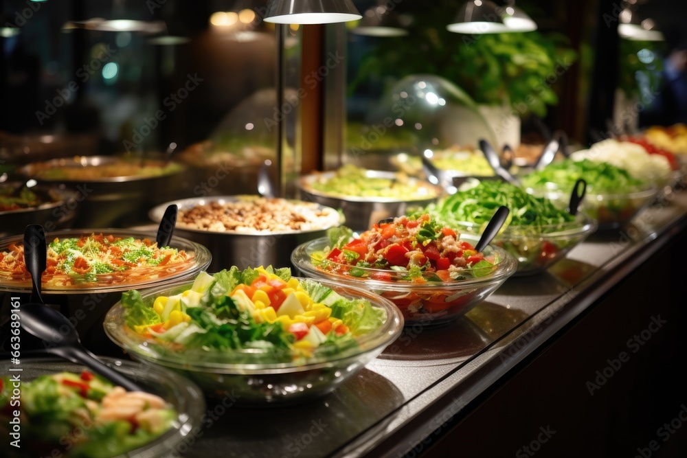Buffet meals inside the restaurant with vegetable salads