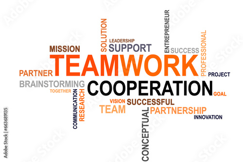 A vibrant word cloud with the words "teamwork" and "cooperation" arranged in various sizes and colors. The words radiate positivity and unity, symbolizing the essence of collaborative work.
