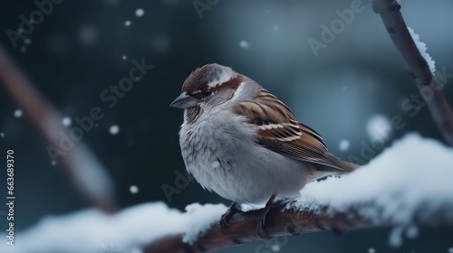 Cute sparrow bird on a branch in the winter under snow falling © SaraY Studio 
