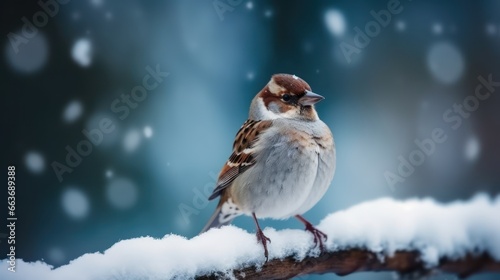 Cute sparrow bird on a branch in the winter under snow falling