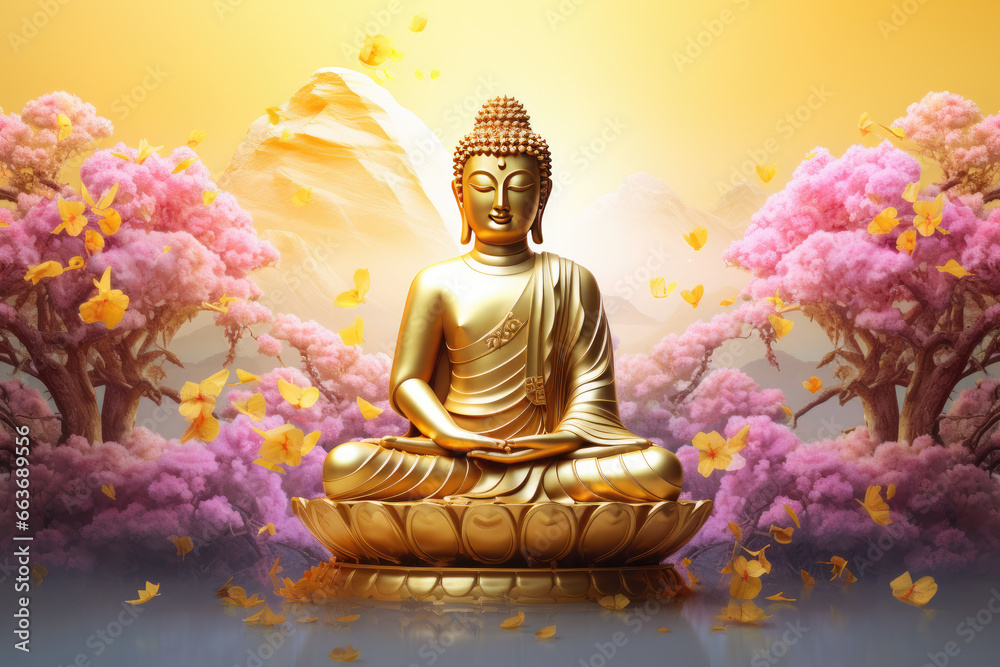 Glowing golden buddha and colorful flowers decoration - obrazy, fototapety, plakaty 
