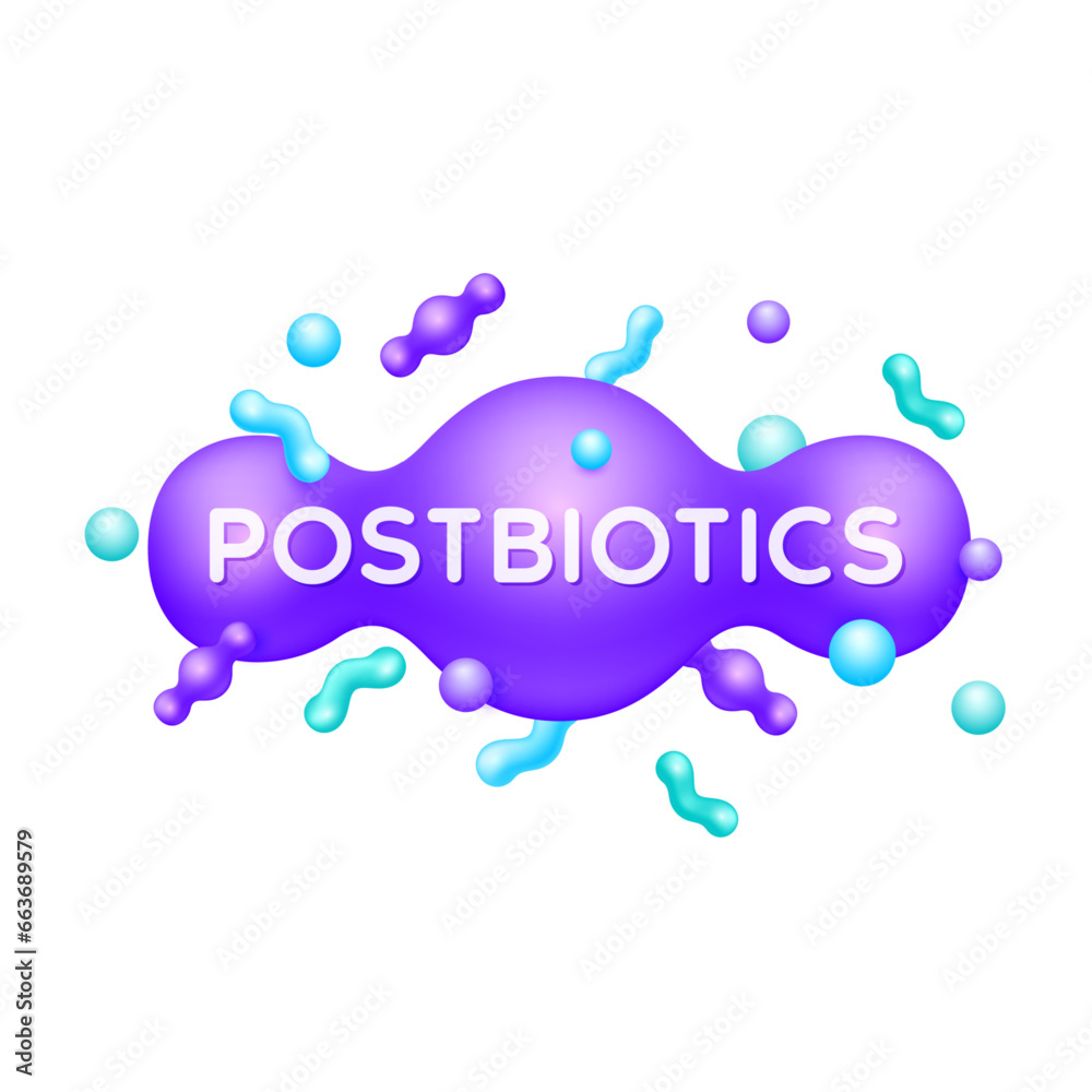 Postbiotics bacteria purple. Good bacterial flora for stomach and intestine. Biology lactobacillus. Healthcare immunity support. Healthy nutrition. Icon 3D isolated on white background. Vector.