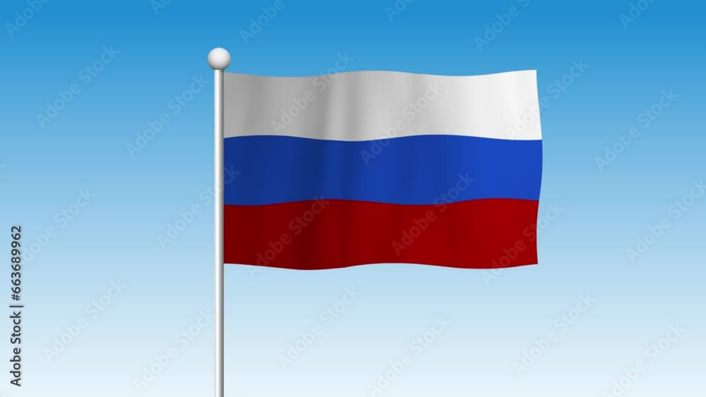 Russian flag on pole waving in the wind against a blue sky background Russian flag on pole waving in the wind against a blue sky background