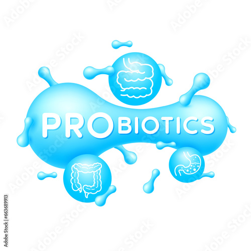 Probiotics blue and stomach, intestine. Good bacterial flora. Biology lactobacillus. Healthcare immunity support. Healthy nutrition. Icon 3D isolated on white background. Vector.