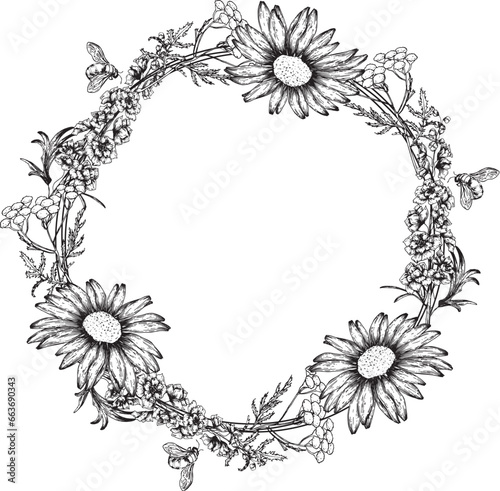 Vector graphic minimalistic frame of hand-drawn garden flowers and a bee for inscriptions, wishes and invitations
