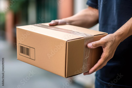 Deliveryman hands holding a cardboard parcel box giving fast delivery service, transportation and logistics concept.