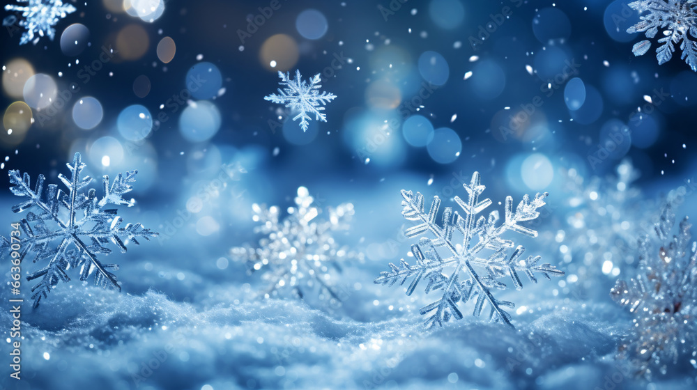Magical shiny frozen snowflakes and snowfall sky, blue background with beautiful festive light bokeh, winter and Christmas background. Magical shiny frozen snowflakes and snowfall sky, blue background with beautiful festive light bokeh, winter and Christmas background.