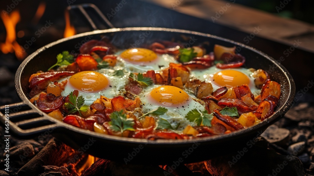 In a cast iron pan, bacon and eggs for breakfast while camping. In the woods, a skillet of fried eggs and bacon. aliments in the camp. bacon and eggs scrambled, on fire. Picnic..