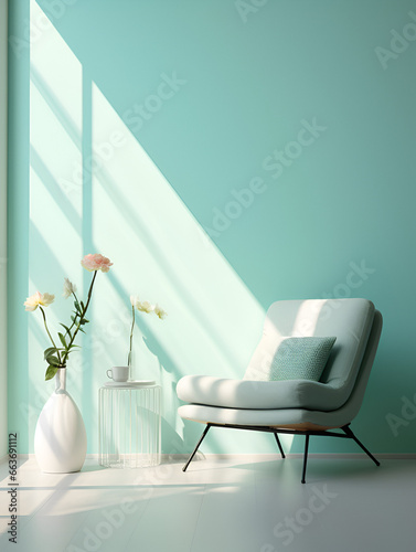 Minimalistic soft turquoise interior design with a sofa, light and shadows 