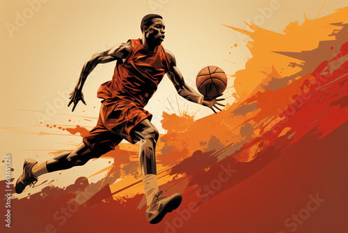 A basketball player dribbling while running fast realistic style illustration with color splash and dynamic.