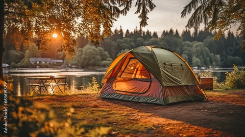 a tent for camping in a riverside woodland. .