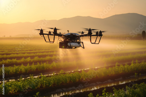 Agriculture drone flying above vegetable farm and spraying fertilizer. Smart and precision farming, Agricultural technology concept, no people.