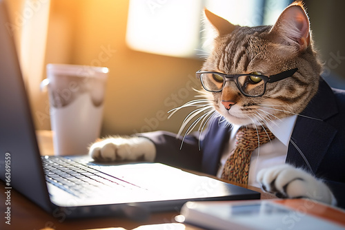 Fototapeta Cute tabby cat in formal suit look like a busy CEO businessman working with laptop computer, cat or introvert people at work concept for humorous advertisements