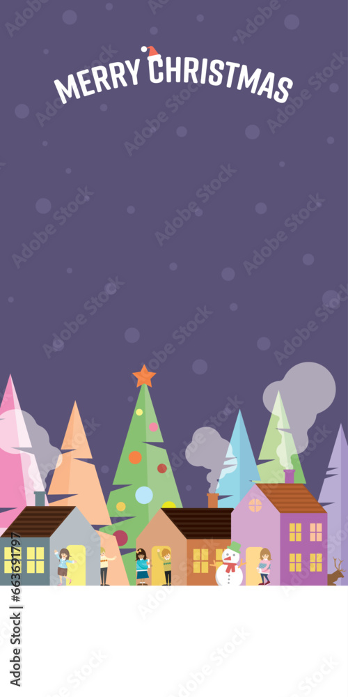 Winter landscape in snowland at night with people having fun in town geometric shape vector illustration. Merry Christmas and Happy New Year greeting card vertical template have blank space.