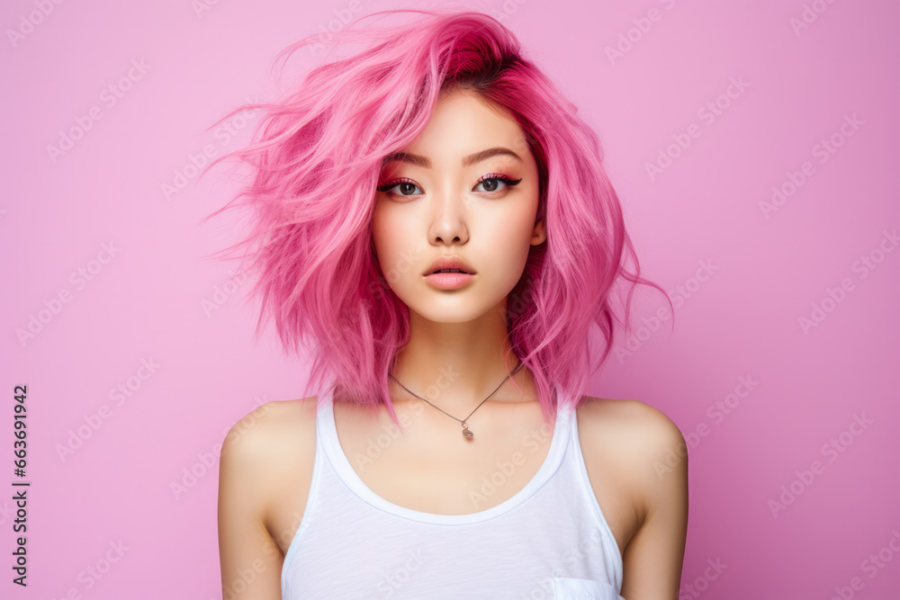 Young Japanese pink haired woman on a clean background Young Japanese pink haired woman on a clean background