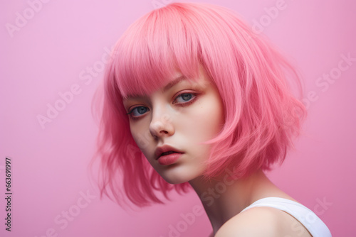 Young Japanese pink haired woman on a clean background