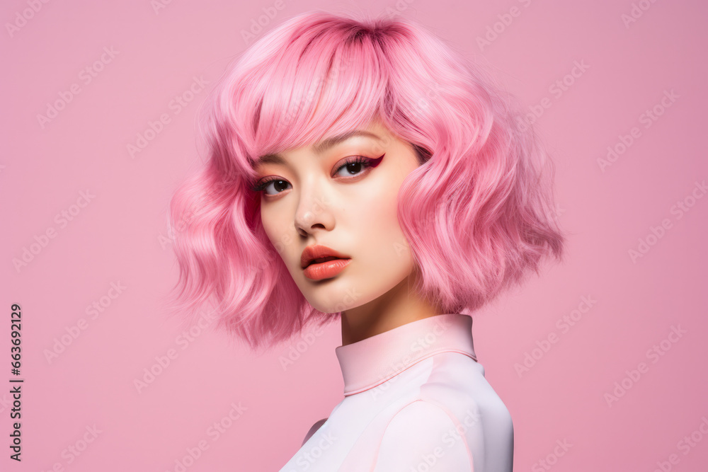 Young Japanese pink haired woman on a clean background