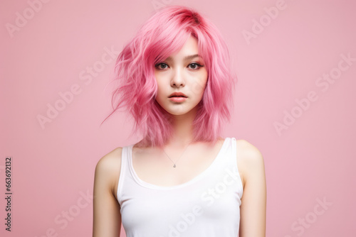 Young Japanese pink haired woman on a clean background