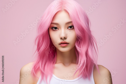 Young Japanese pink haired woman on a clean background