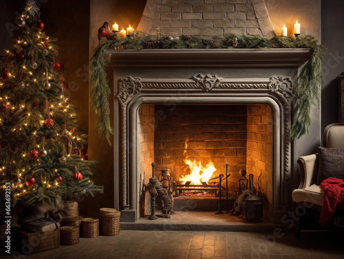 A cozy Christmas evening with a vintage-style fireplace, adorned with holiday decorations and warm lighting.