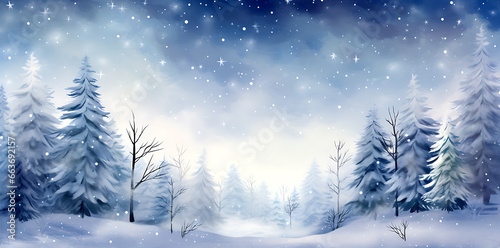 Snowy winter Christmas background with pine trees, snowy winter scenes, naturalistic backgrounds, snow scenes. Illustration AI Generative. © digitalproducts