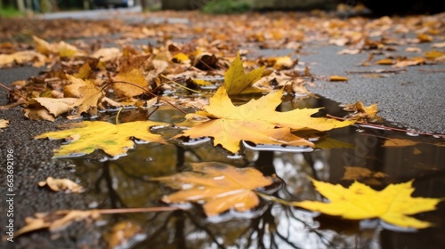 The concept of autumn in the city or in the park, yellowed fallen leaves.