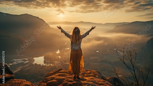Successful women are happy when they accomplish their goals. A woman leaps onto the mountain s summit  her arms wide spread in welcome of the dawning new day..