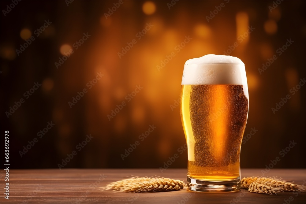 Glass of fresh and cold beer on brewery dark wood background, minimalistic banner