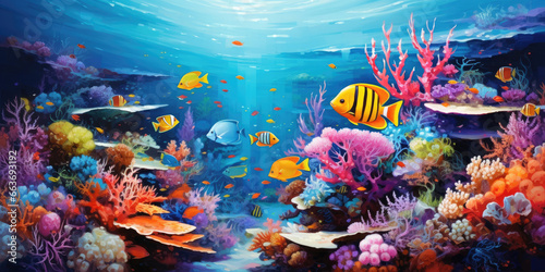 Beautiful coral reef and colorful tropical fishes © Kien
