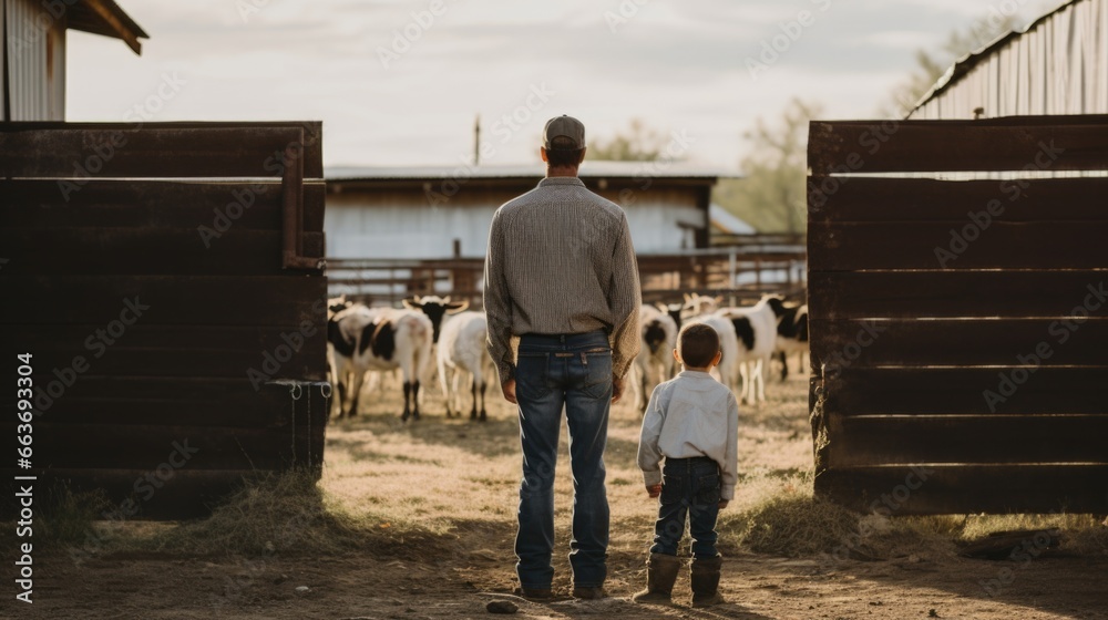 A father and son on a farm, observing the animals, seen from behind.
