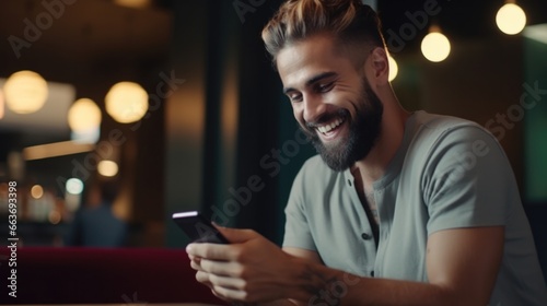 a man smiling and using on his mobile smartphone and smiling in a cafe bar. blurry background. late in the night evening. photo