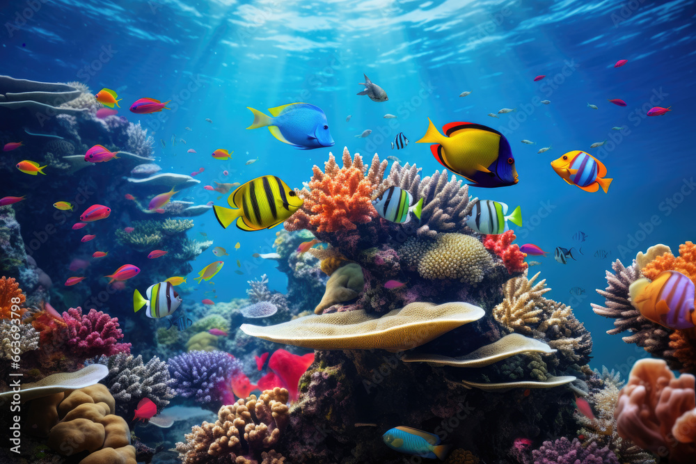 Naklejka premium Beautiful coral reef and colorful tropical fishes