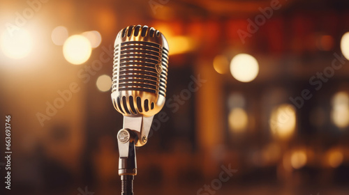 a microphone for singing stands on stage in the bright light of spotlights, performance, stand-up concert, karaoke, music, technology, device, hall, rehearsal, acting, show, broadcast, theater, club photo