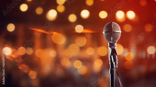 a microphone for singing stands on stage in the bright light of spotlights, performance, stand-up concert, karaoke, music, technology, device, hall, rehearsal, acting, show, broadcast, theater, club