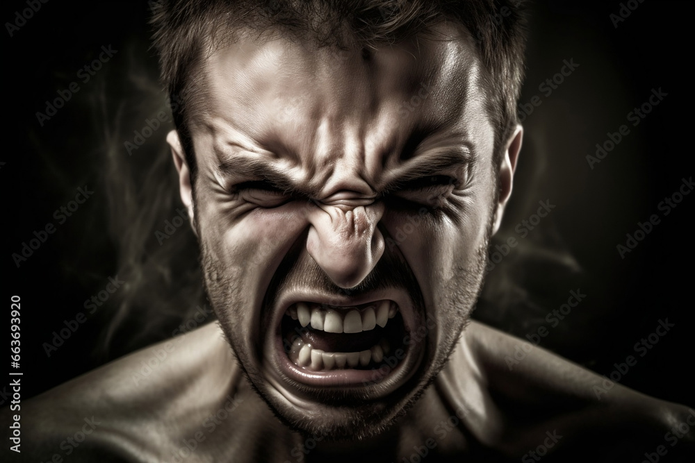 Dark portrait of angry caucasian man, screaming in rage. Expressing anger of an adult in the throes of furious aggression. Negative emotions: man shouts in pain. Powerful scream. - obrazy, fototapety, plakaty 