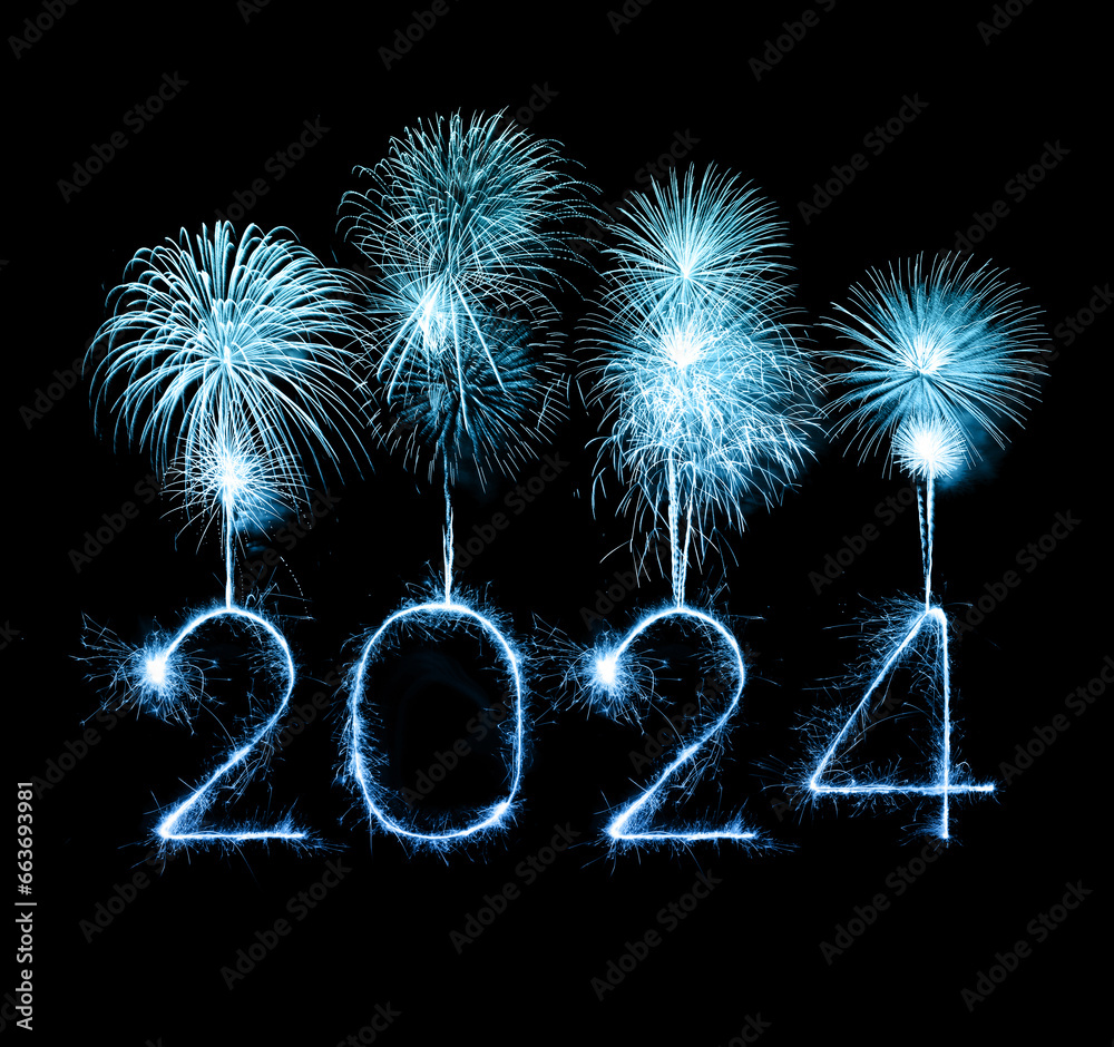 2024 happy new year fireworks celebration written sparkling at night