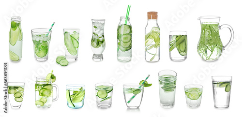 Foto Set of fresh cucumber infused water isolated on white